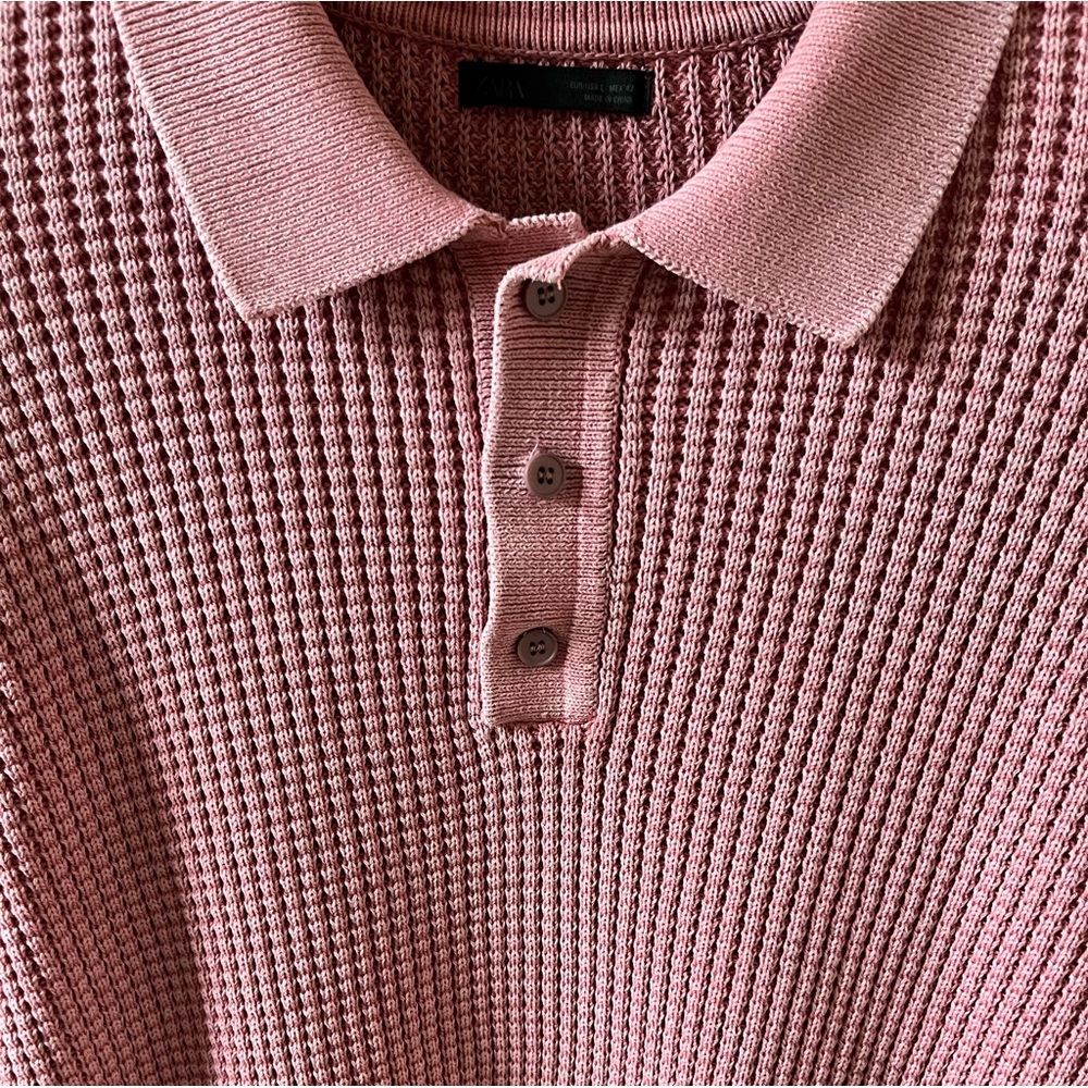 Zara Men’s Pink Long-Sleeve Button-Up Knit Polo Shirt Size L Waffle Knit - Picture 3 of 8